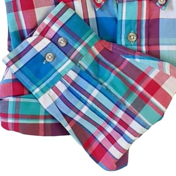 Chaps Ralph Lauren Mens Plaid Button Down Shirt Red Blue Medium Long Sleeve - Picture 2 of 5